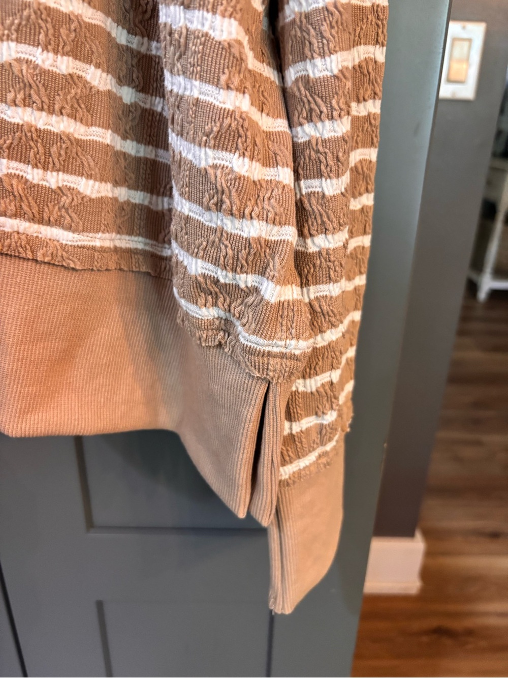 Striped Crewneck Pullover Sweater in Taupe & White - Picture 5 of 5